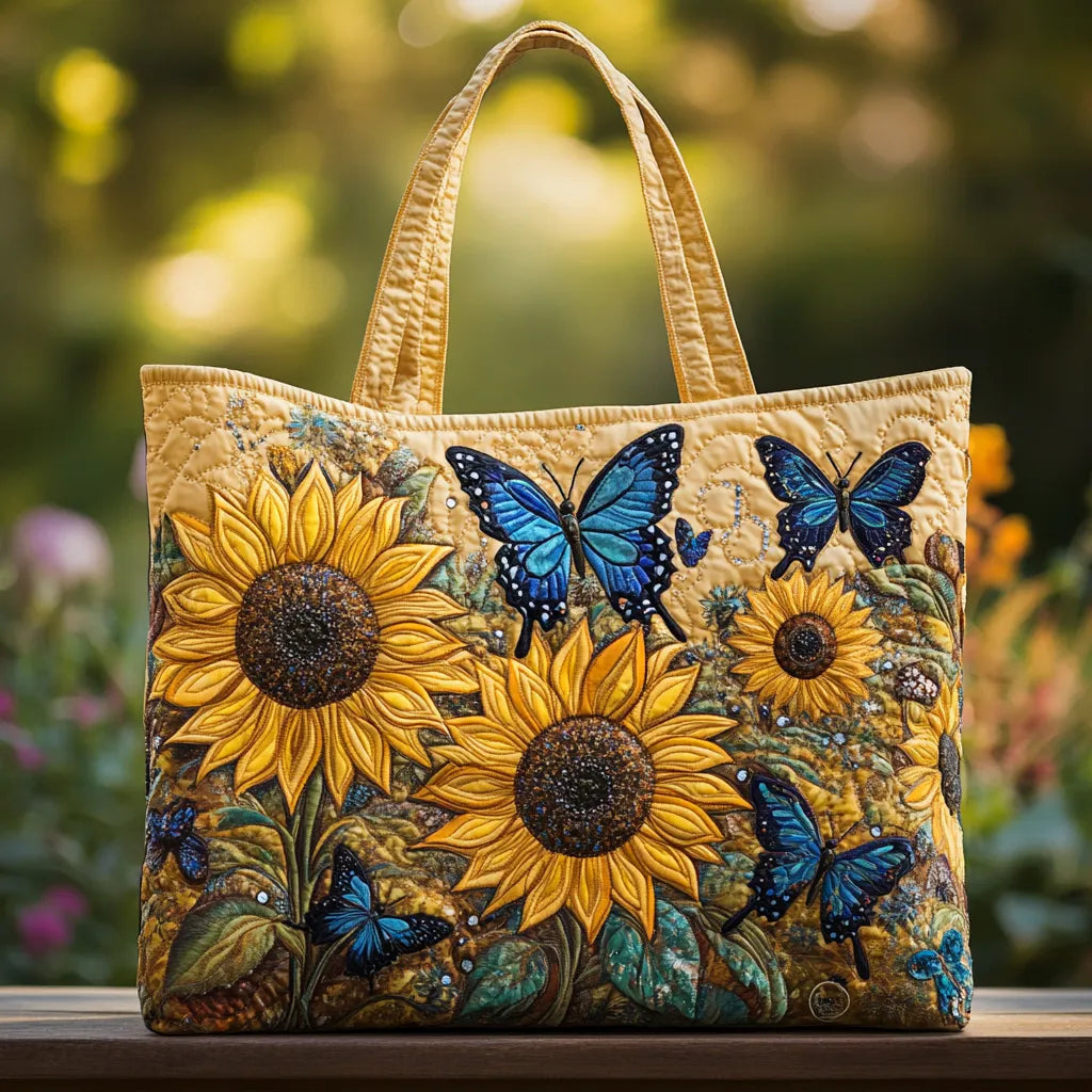 Bolso de mano artesanal - Diseño de girasoles y mariposas azules