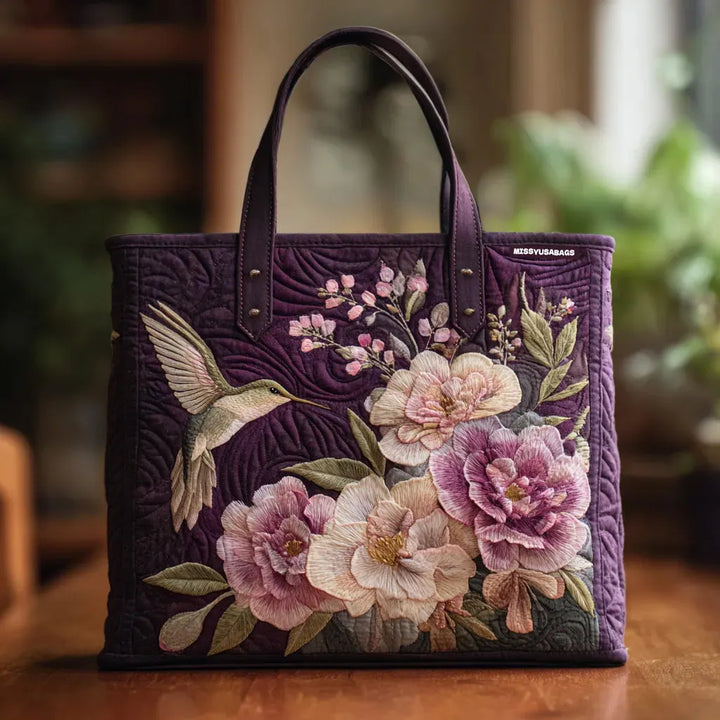 Bolso Tote Acolchado Artesanal - Colibrí y Orquídea