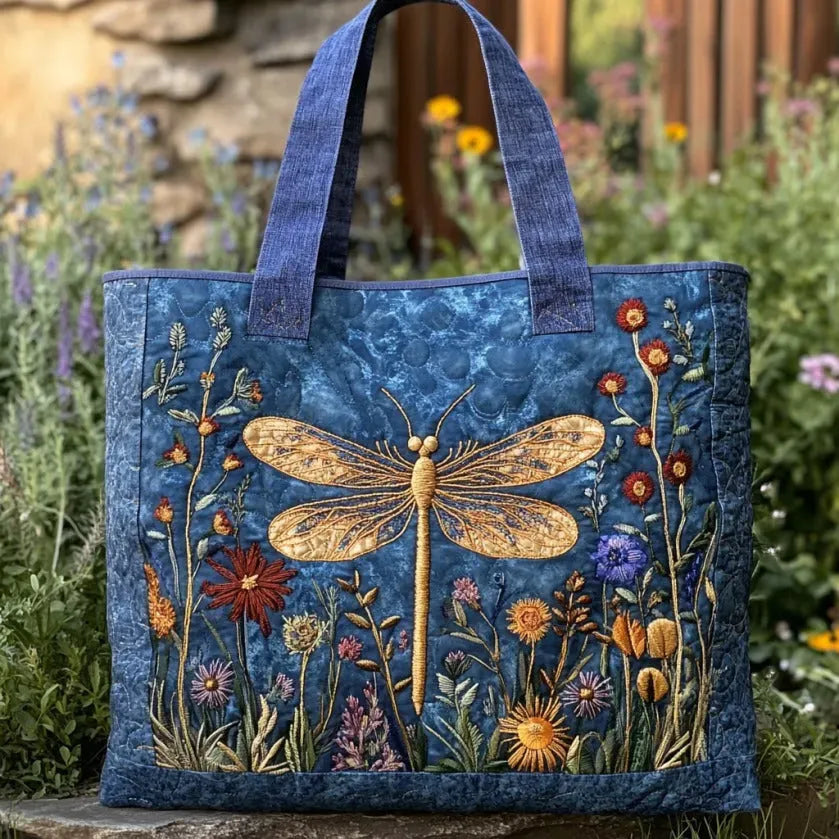 Bolso Tote Acolchado - Diseño de Libélula Dorada