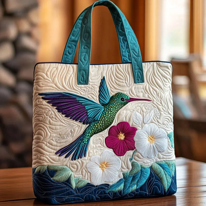 Bolso tote acolchado - Colibrí y flores blancas