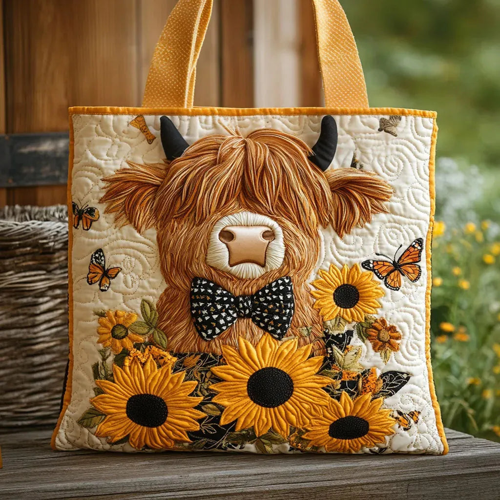 Bolso Tote Acolchado - Diseño de Vaca Highland y Girasoles