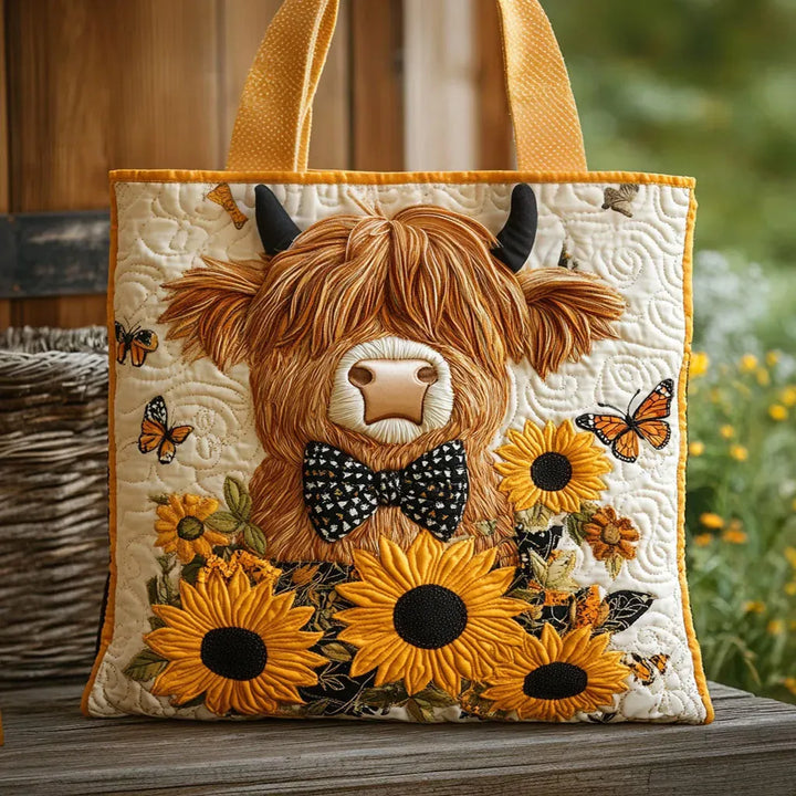 Bolso Tote Acolchado - Diseño de Vaca Highland y Girasoles