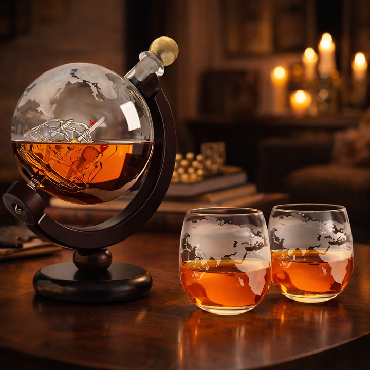 Botella de whisky con diseño de mapa del mundo