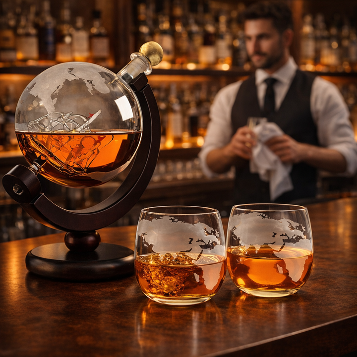 Botella de whisky con diseño de mapa del mundo