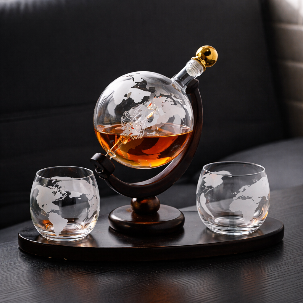 Botella de whisky con diseño de mapa del mundo