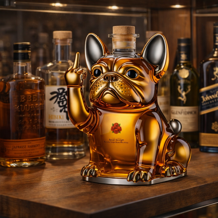 Botella de whisky con tema de perro