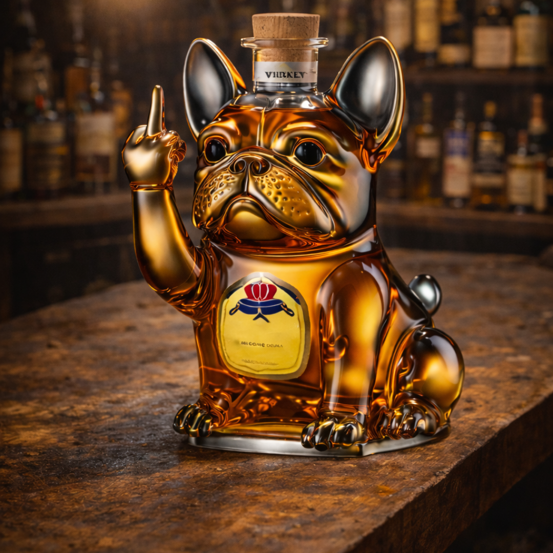 Botella de whisky con tema de perro