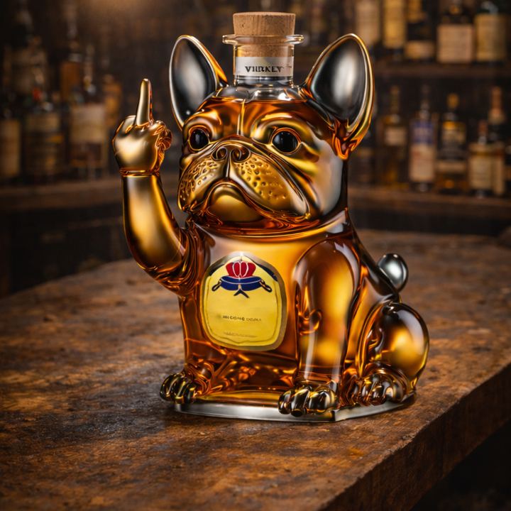 Botella de whisky con tema de perro