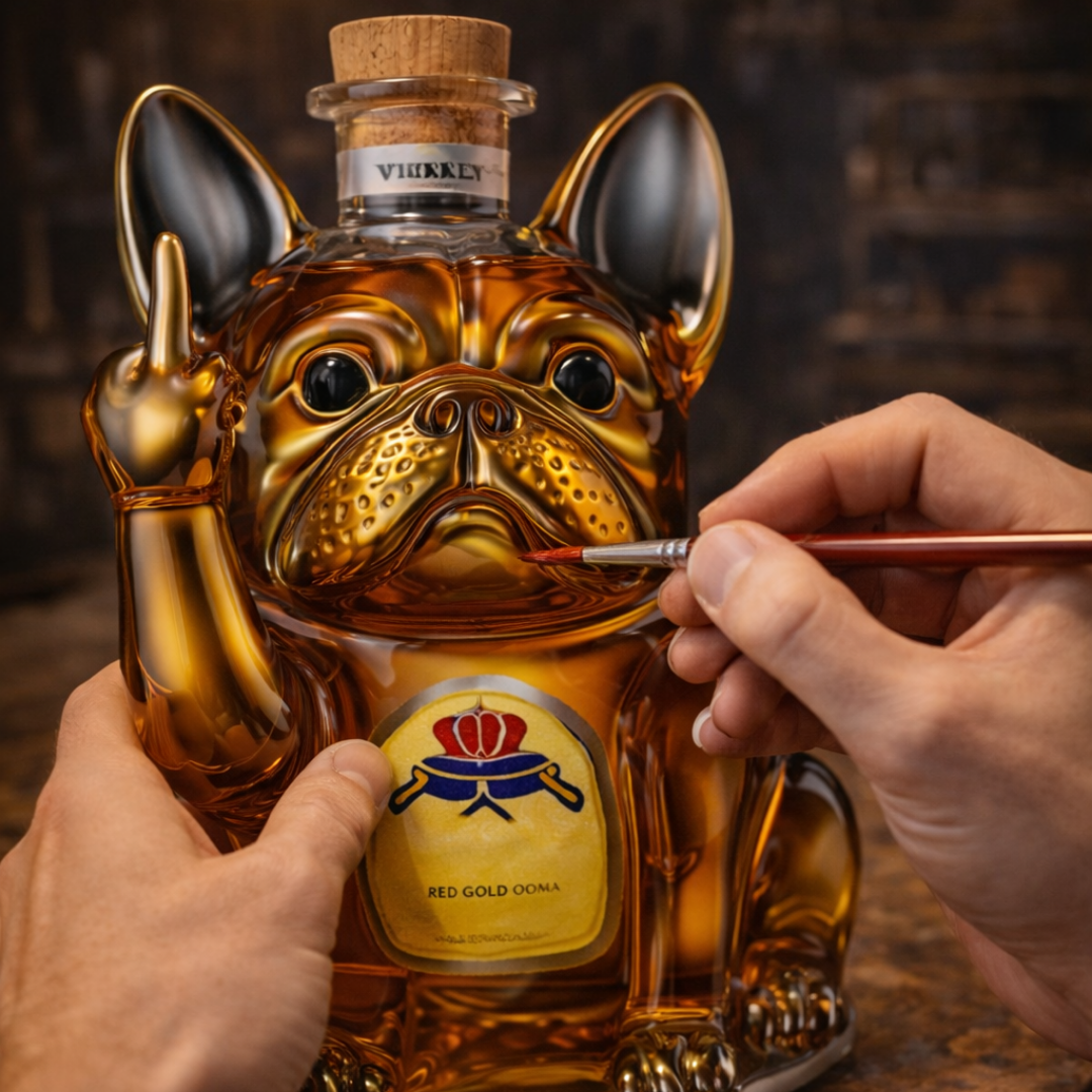 Botella de whisky con tema de perro