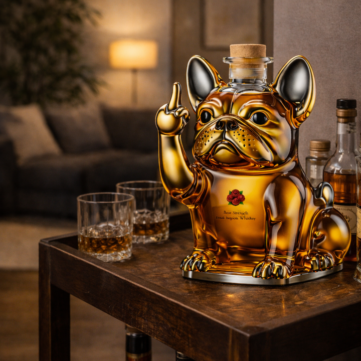 Botella de whisky con tema de perro