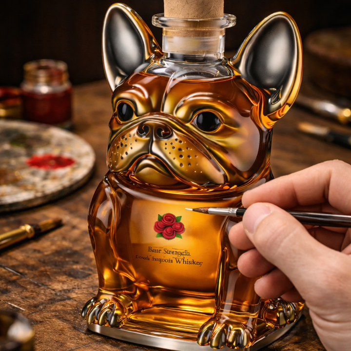 Botella de whisky con tema de perro