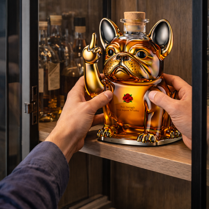 Botella de whisky con tema de perro
