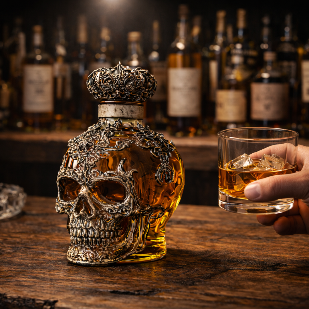 Botella de Whisky con Diseño de Calavera