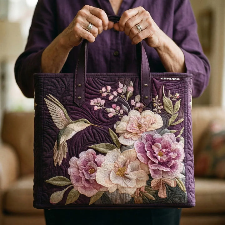 Bolso Tote Acolchado Artesanal - Colibrí y Orquídea