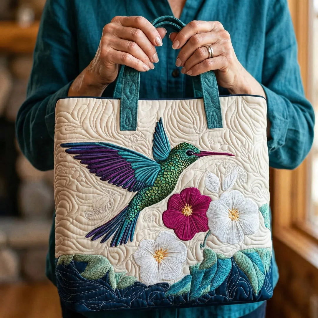 Bolso tote acolchado - Colibrí y flores blancas
