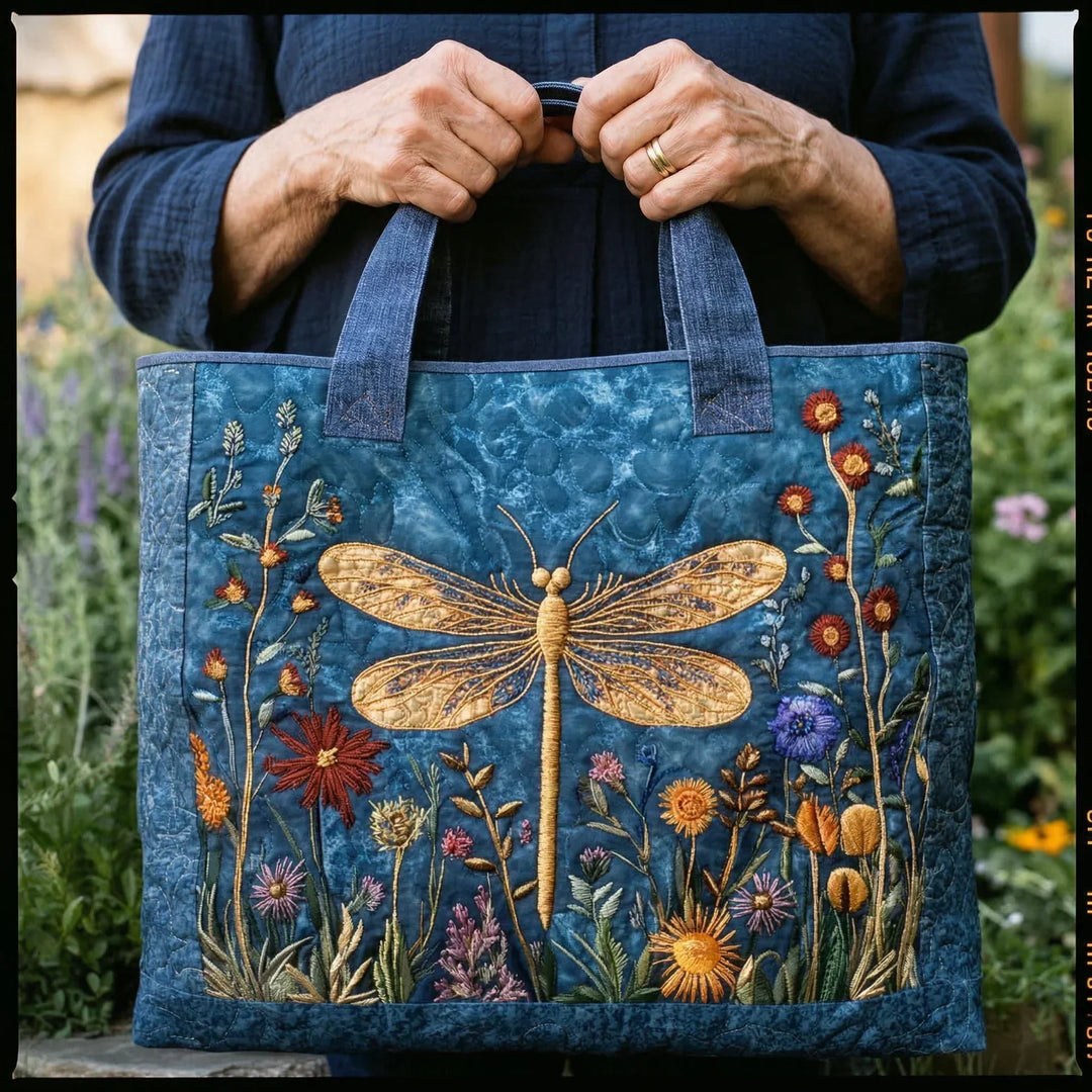 Bolso Tote Acolchado - Diseño de Libélula Dorada