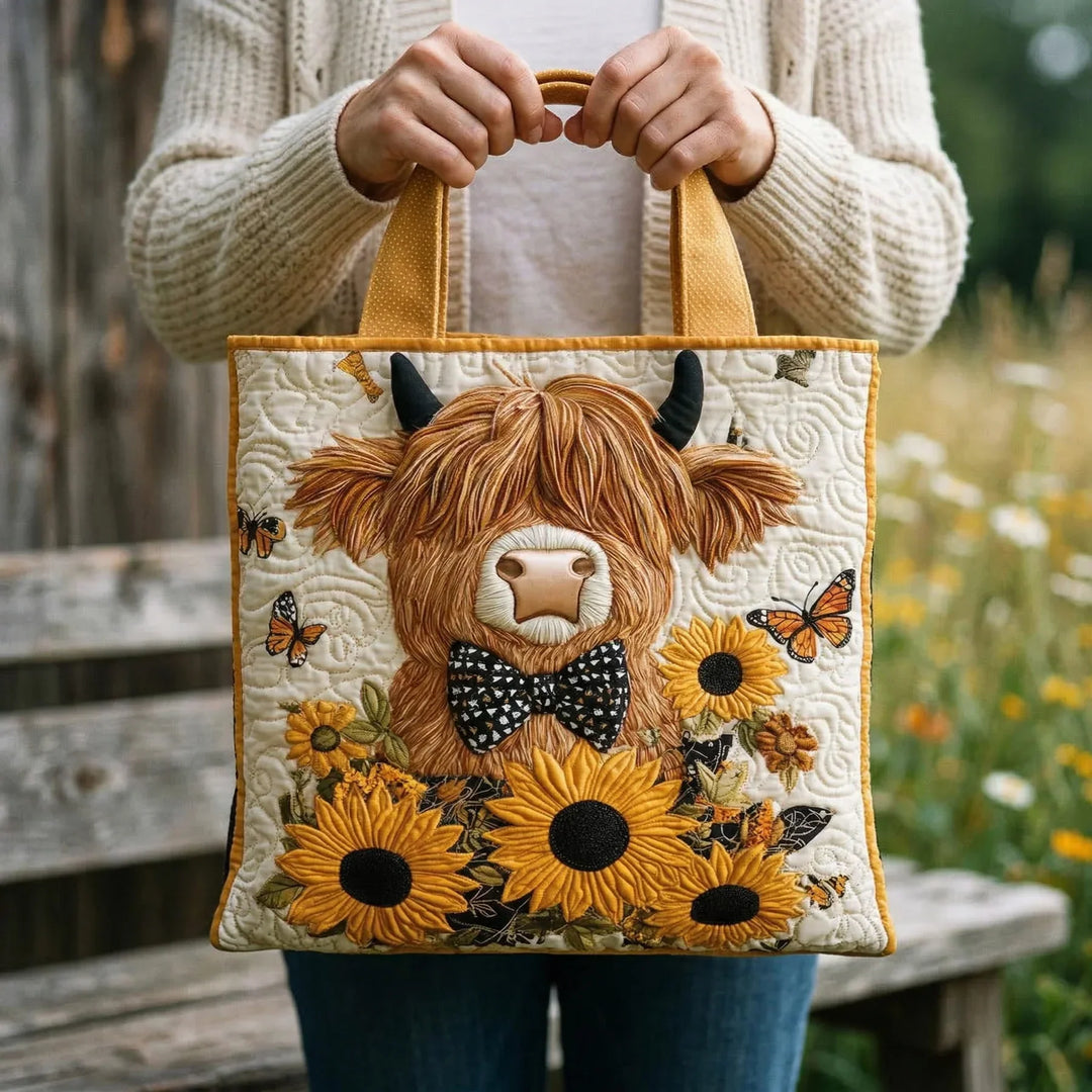 Bolso Tote Acolchado - Diseño de Vaca Highland y Girasoles